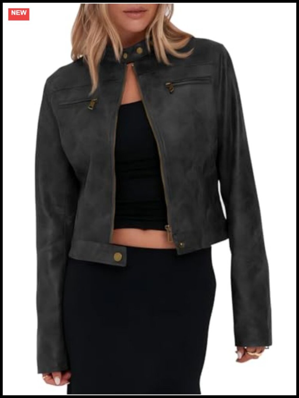 Faux Leather Cropped Moto Jacket Zip Up Stand Collar Biker Coat